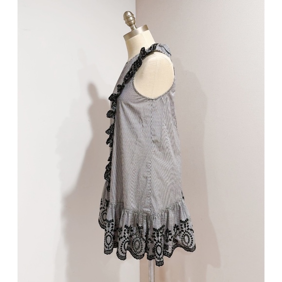 BP. Women's Black White Striped Embroidered Floral Ruffle Mini Dress Size XS - Picture 2 of 7